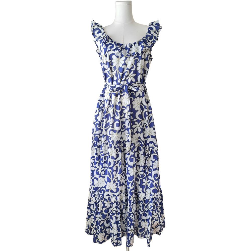 BODEN Ruffle Scoop Neck Maxi Dress Size 6 Ocean Blue Petal Print - Picture 2 of 12